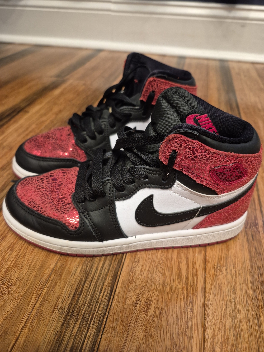 Nike Kids Black White Red High-Top Sneakers with Textured Red Overlays